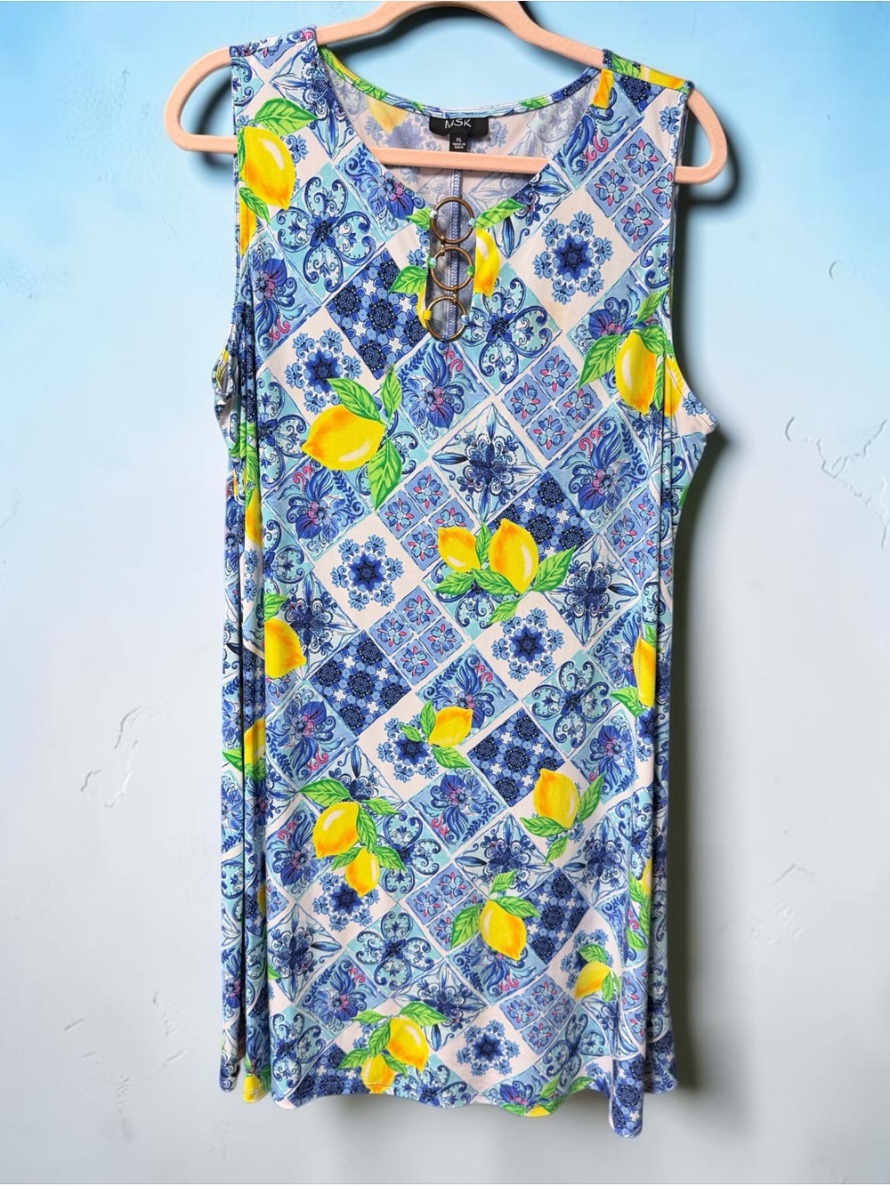 MSK vintage Women’s Size XL Mini Dress Navy Blue Yellow Lemons Metal Accent